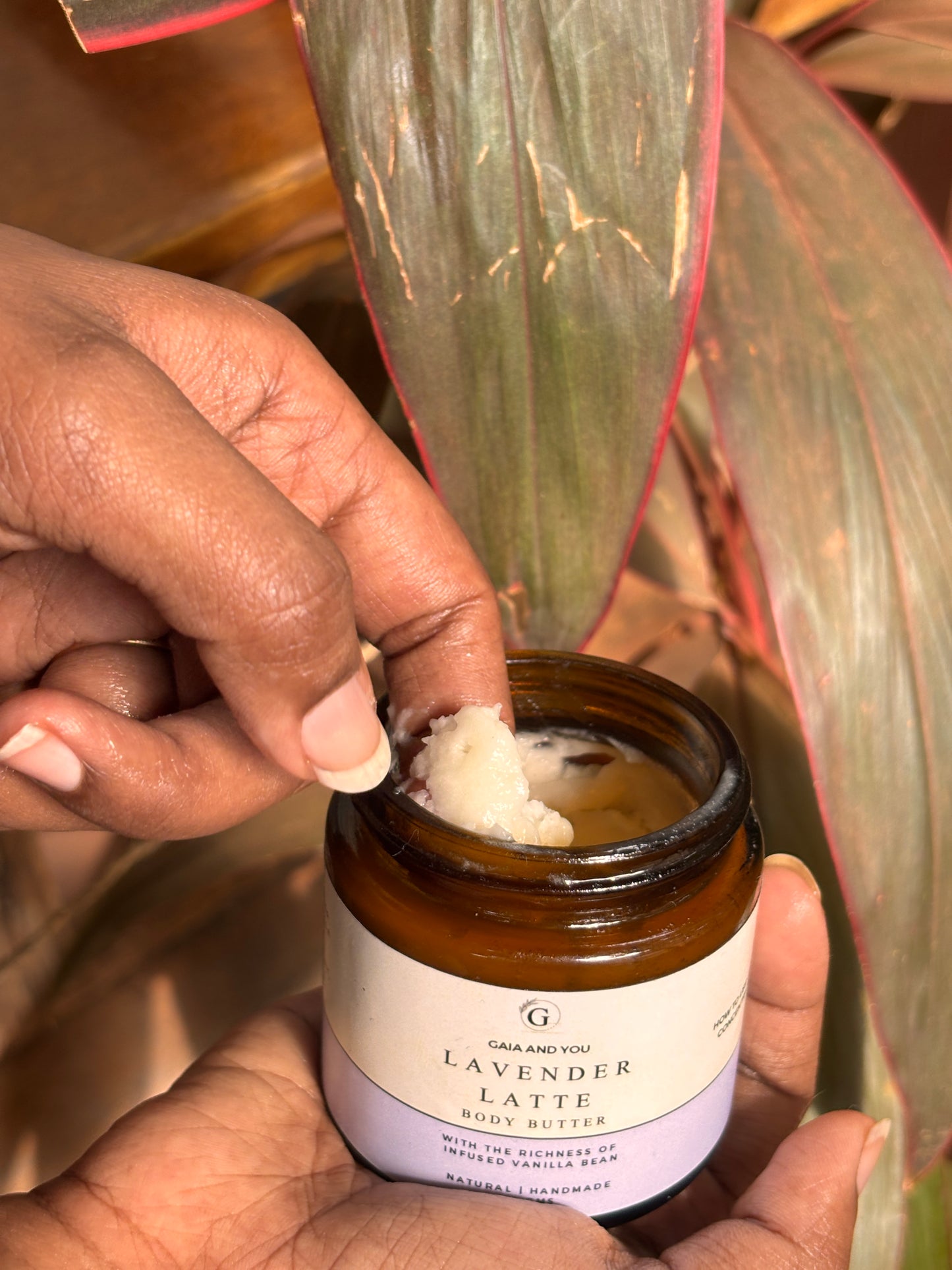 Image of a bottle of body butter made of lavender and vanilla infused jojoba oil, with shea butter, mango butter, and kokum butter.