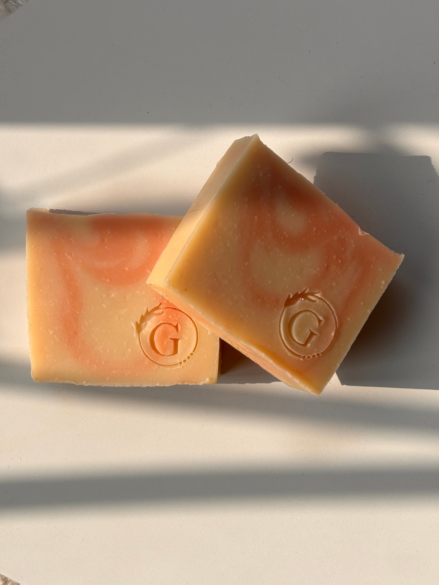 Handmade cold processed soap made of chamomile infused rice bran oil and Shea nut butter.