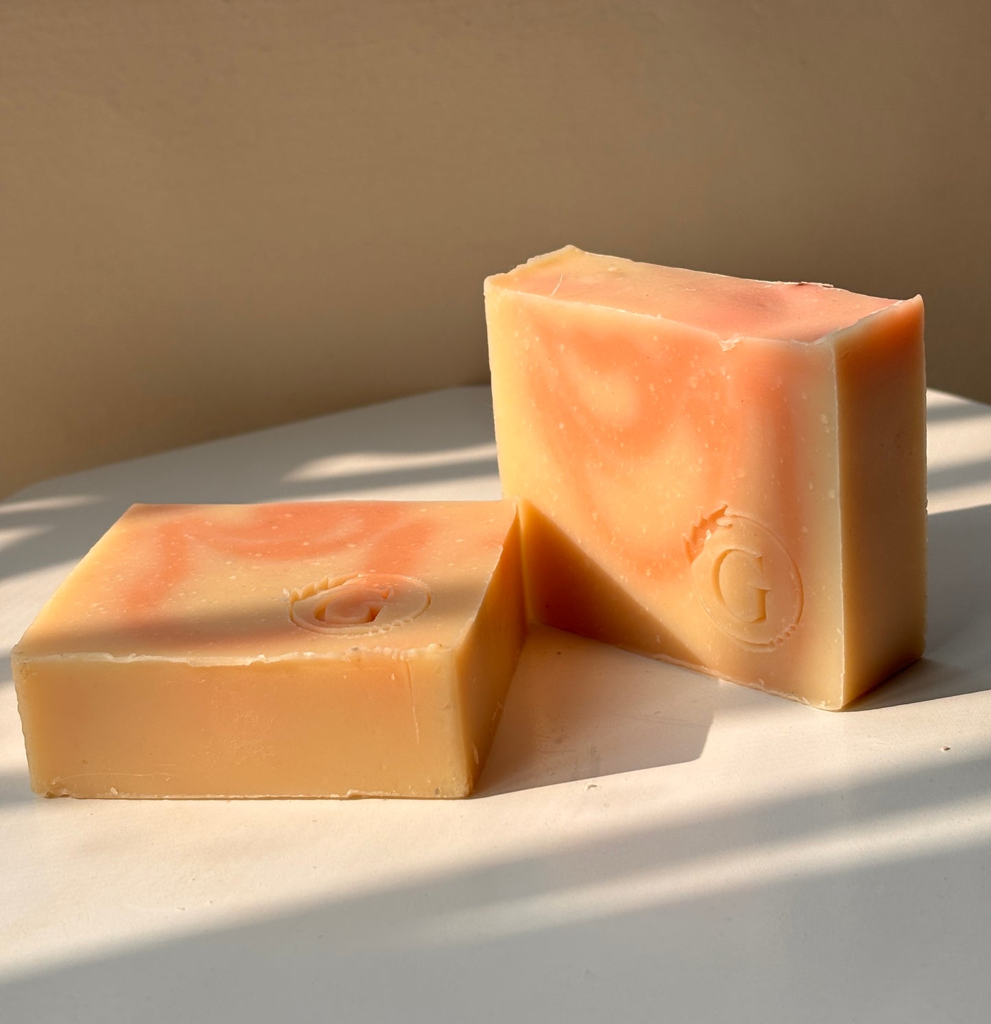 Handmade cold processed soap made of chamomile infused rice bran oil and Shea nut butter made by Gaia and You